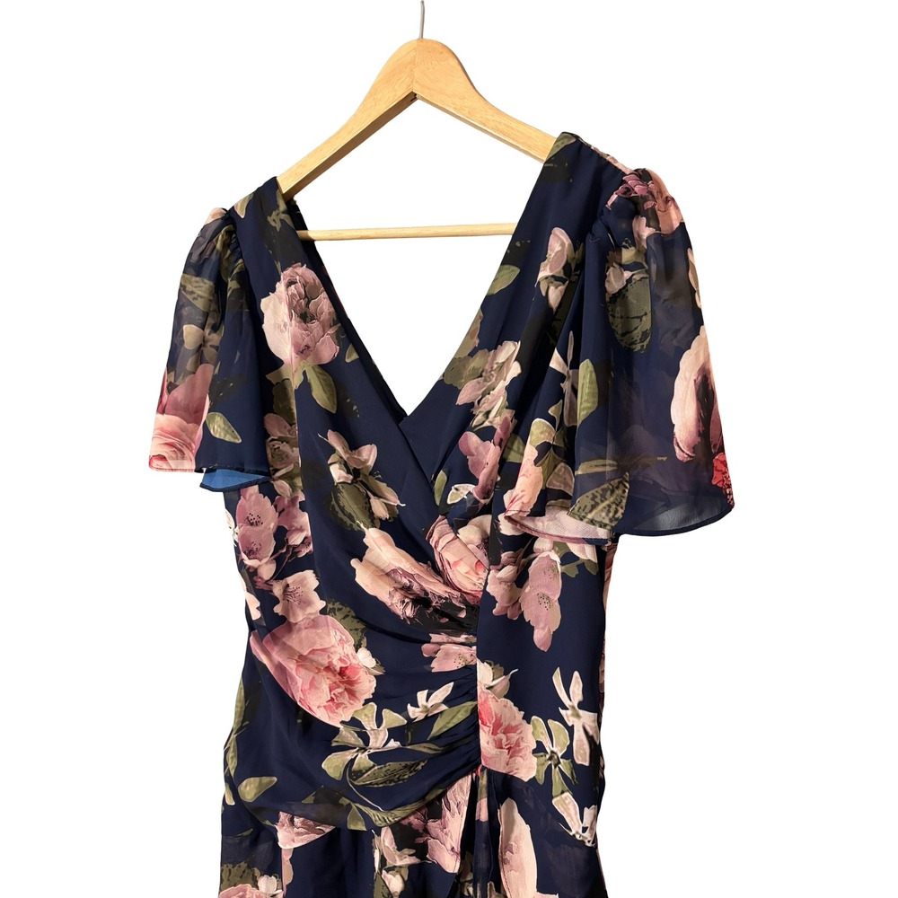 Xscape Women 12 Navy Blue Floral Chiffon Ruched Tiered Ruffle Gown 4959X - Picture 4 of 8